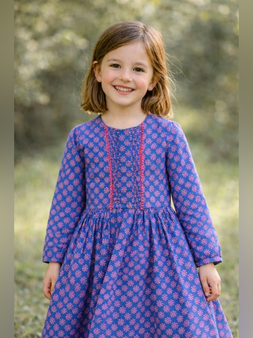 Sophie Catalou Girls Dress Sz 7/8 Blue Polka Dot Pink Floral Cotton Button Back